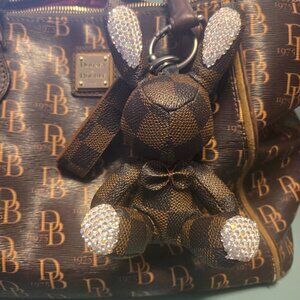 Crystal AB Bunny Keychain -Brown & Tan PU Check Pattern Charm